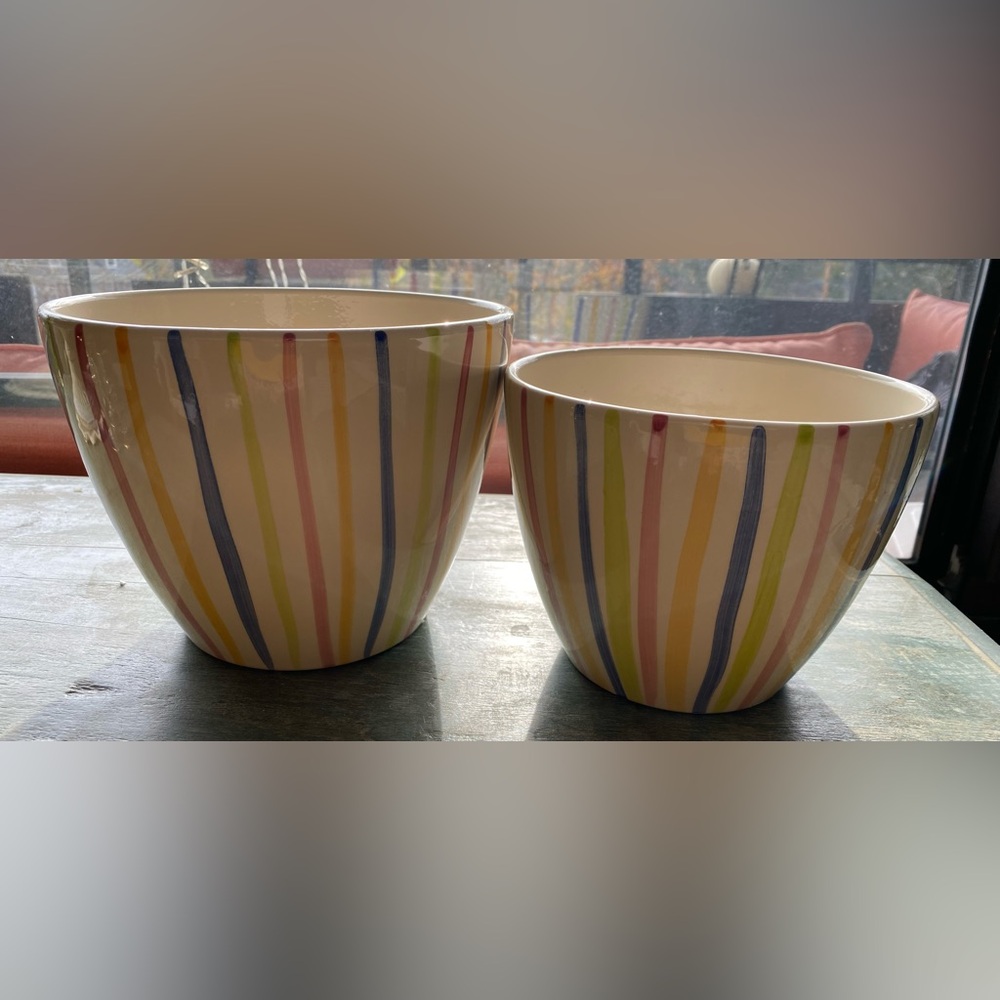 2 - Vintage Cheerfully Striped Pots, 8”D & 7”D